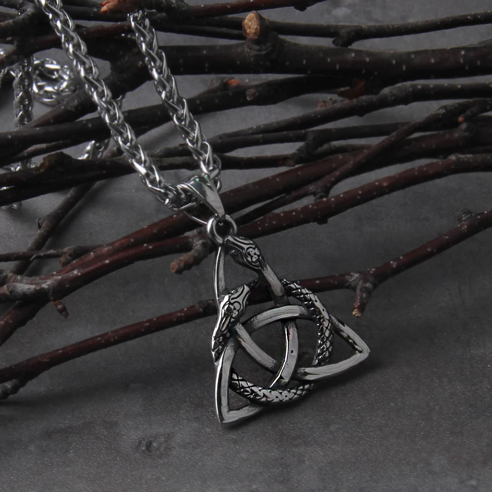 Never Fade Viking Nordic Style Snake Celtic Knot Pendant Chain Necklace Men Classic Punk Amulet Jewelry with wooden box