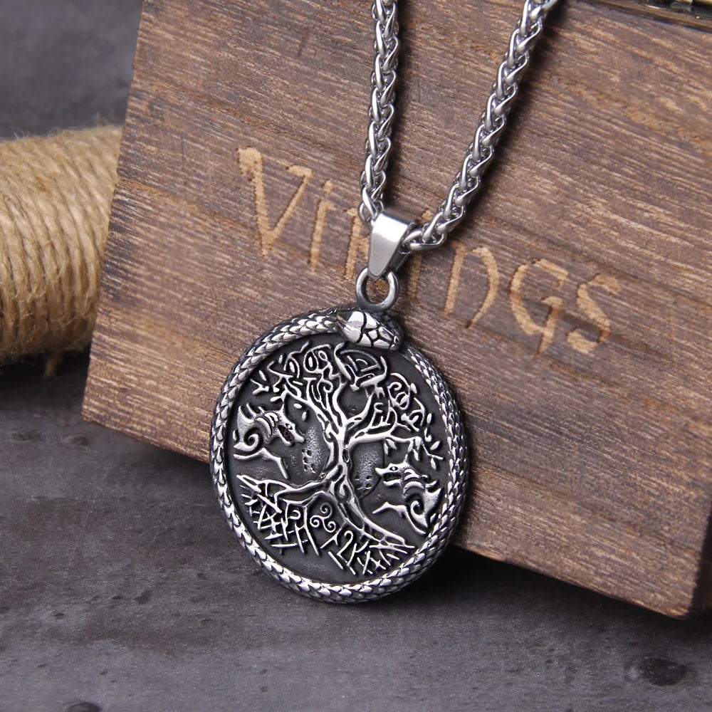 Never Fade Men ouroboros stainless steel life tree with wolf head pendant necklace with wooden box as gift