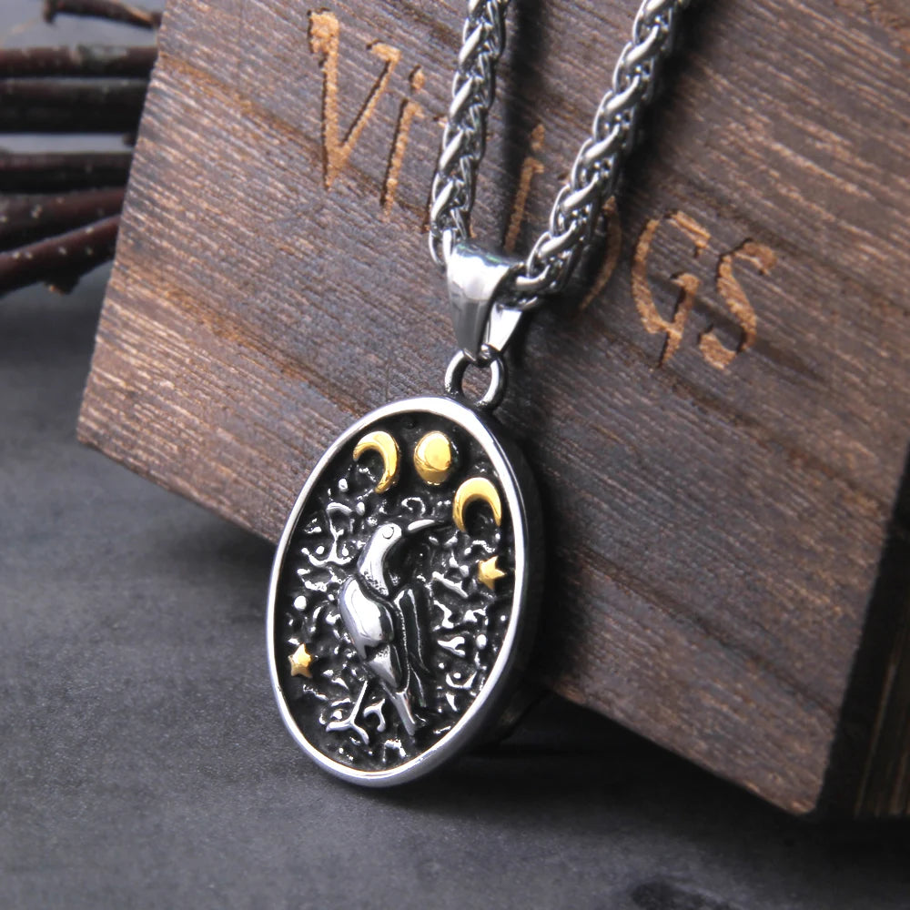 Wicca Triple Moon Goddess Viking Jewelry Odin Raven Amulet Pentagram Wiccan Pagan Moon Necklace Men Women Jewelery