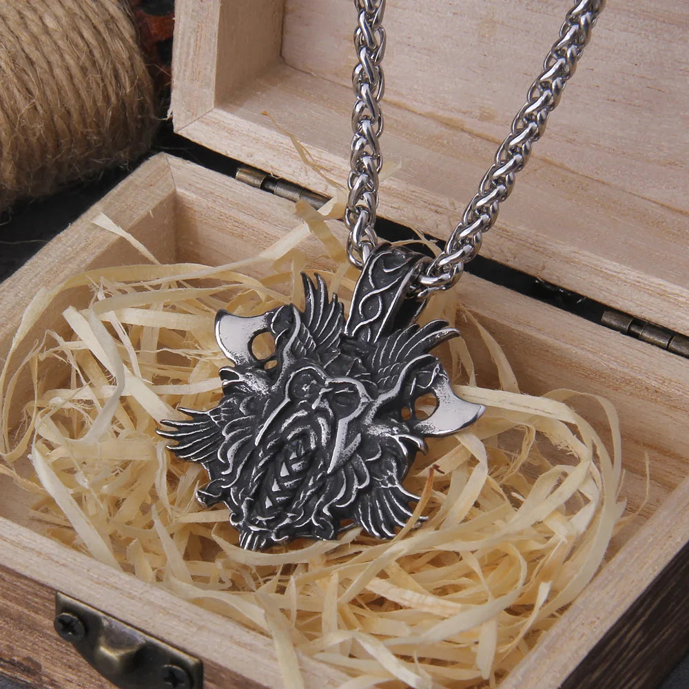 Stainless Steel Men Viking Warrior with viking axe odin raven pendant necklace as men gift with wooden box