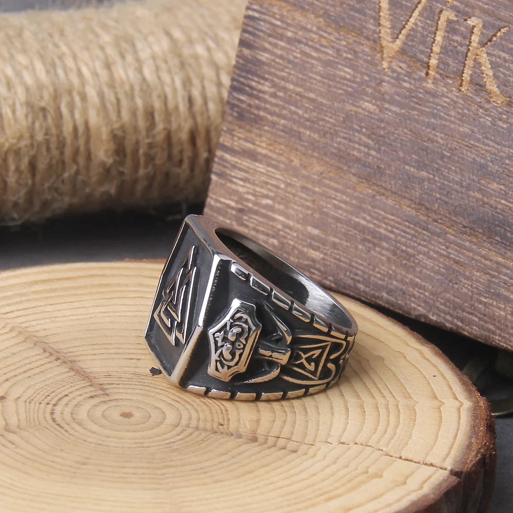 Viking Valknut Helm of Awe Stainless Steel Ring Men's Aegishjalmur Odin Icelandic Runes Celtics Knot Jewelry Amulet Gift