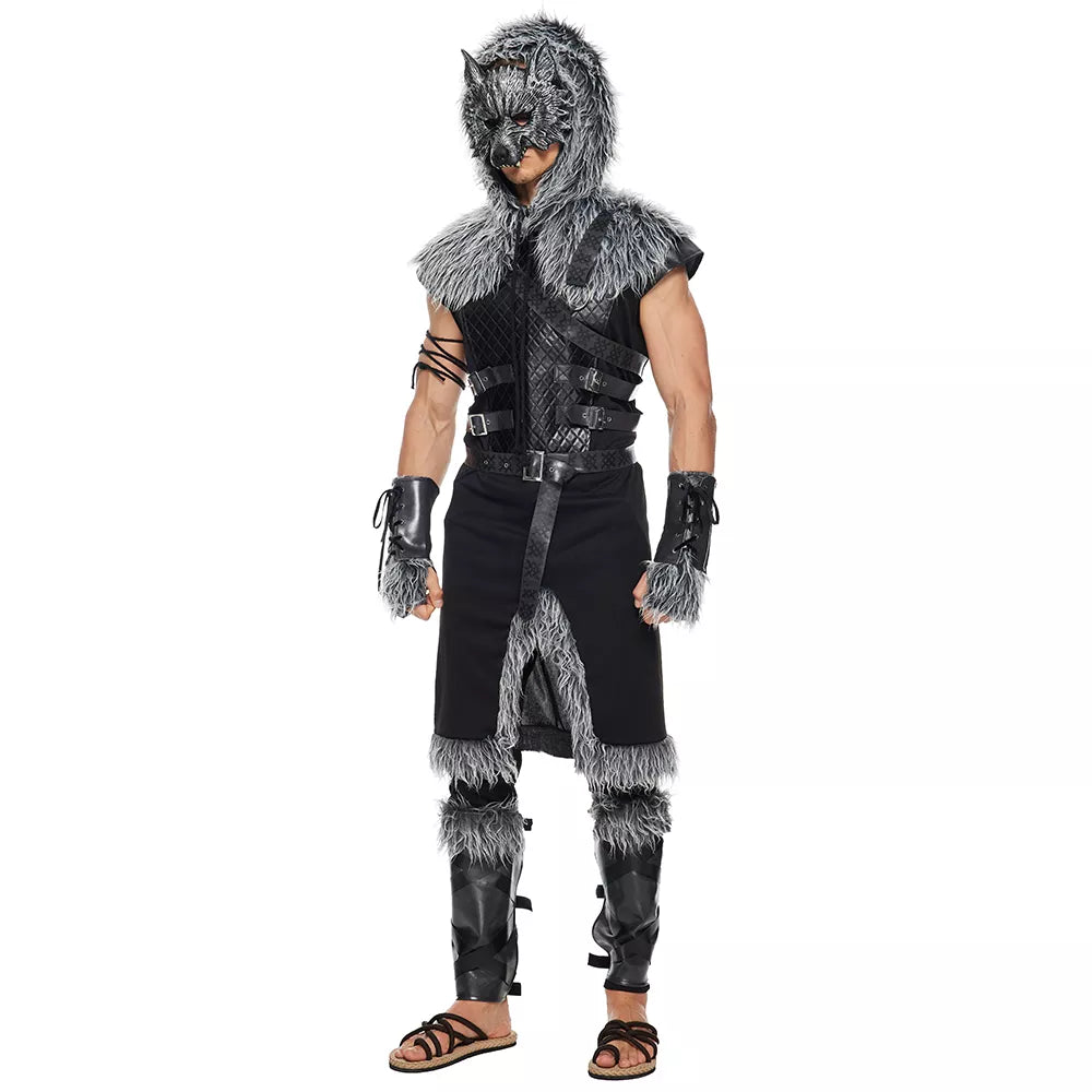 Eraspooky Men Viking Wolf Costume Medieval Werewolf Warrior Cosplay Adult Halloween Costumes Fur Leather Jumpsuit Full Set