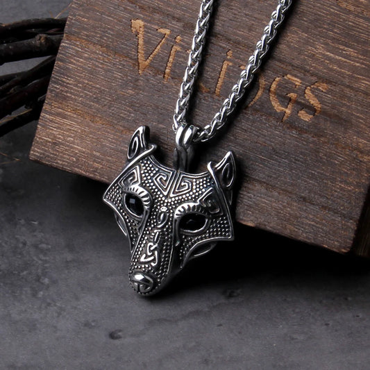 Vintage Punk Style Norse Vikings Wolf Head Necklace Pendant Black Crystal Eyes Original Animal Jewelry Wolf Head For Men Gift