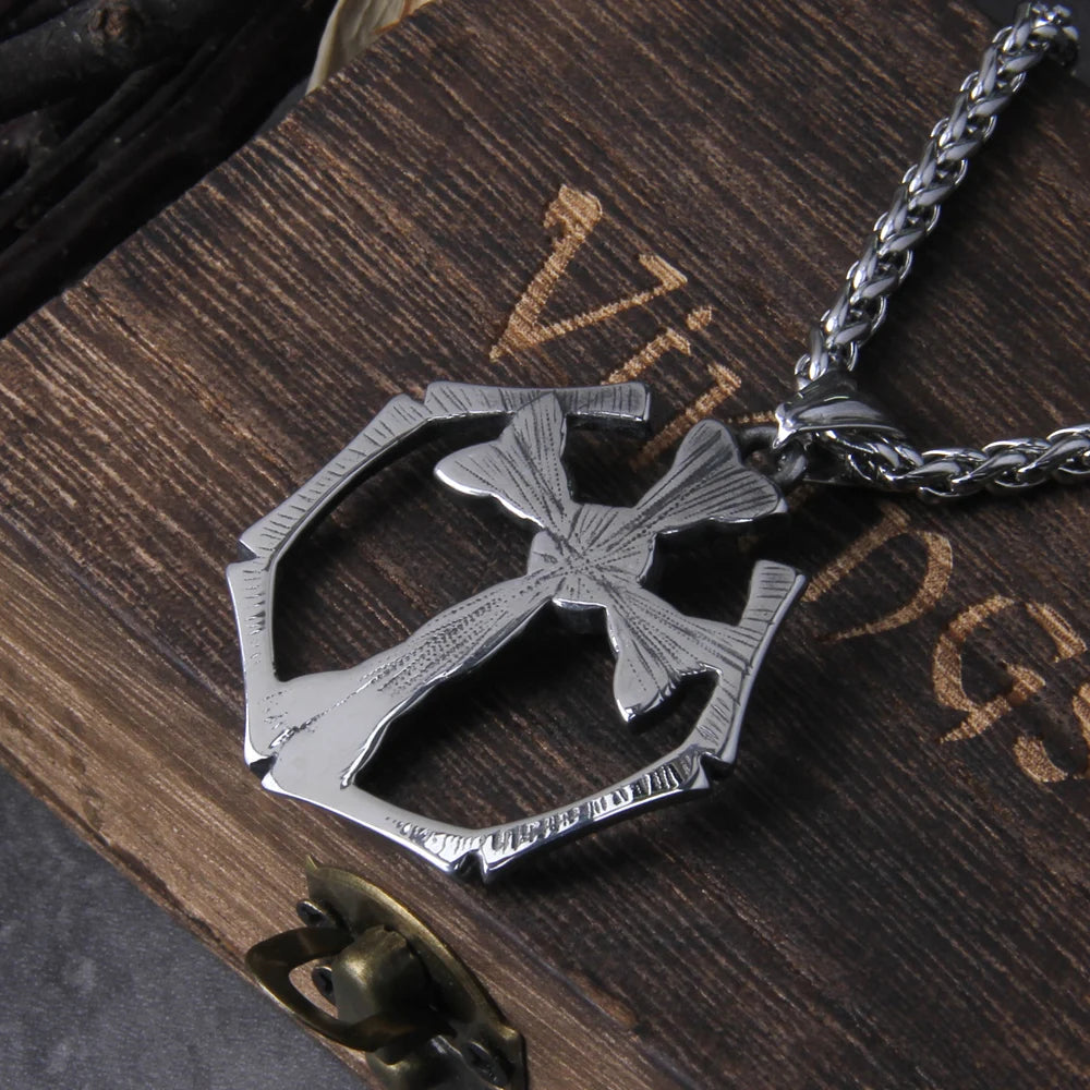 stainless steel Valknut Celtic cross with stone pendant men fashion viking titanium steel jewelry with wooden box as men gift