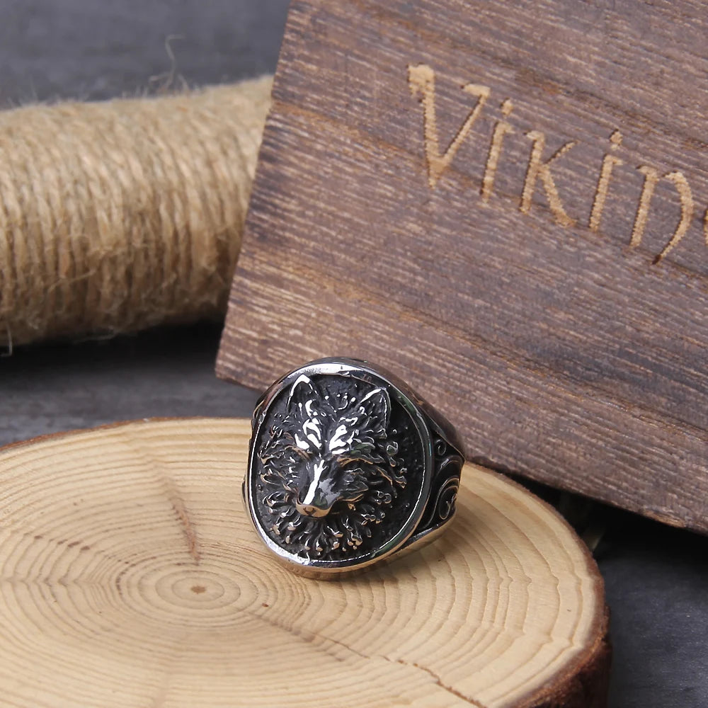 Vikings Jewelry Stainless Steel Viking Wolf ring never fade with wooden box as men gift