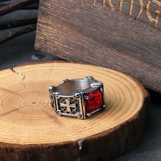 NO Fade Punk Cross Ring Casting Prong Setting Red CZ Stone Stainless Steel Christ Prayer Male Alliance Jewelry with wooden box