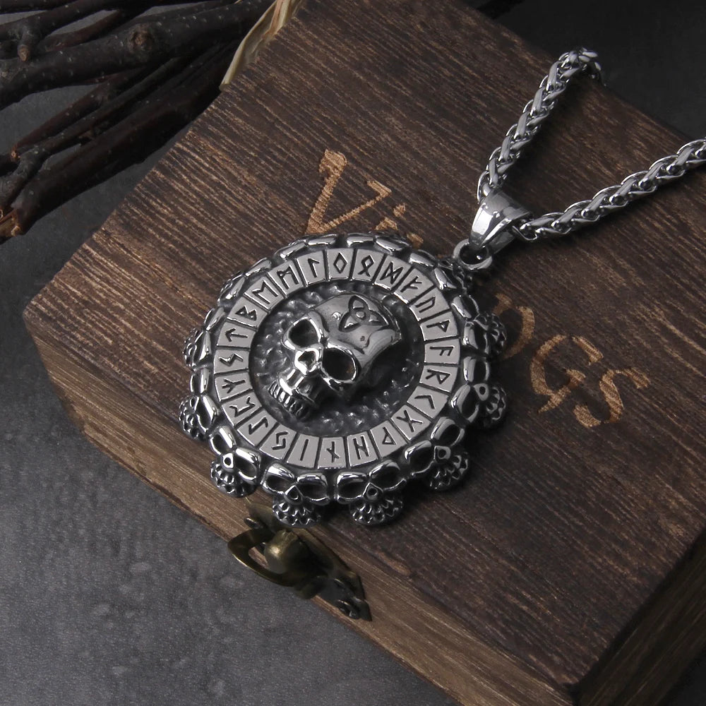 Fashion Valknut skull Viking Axe Warrior Stainless Steel Pendant Chain Necklace Jewelry with wooden box as gift