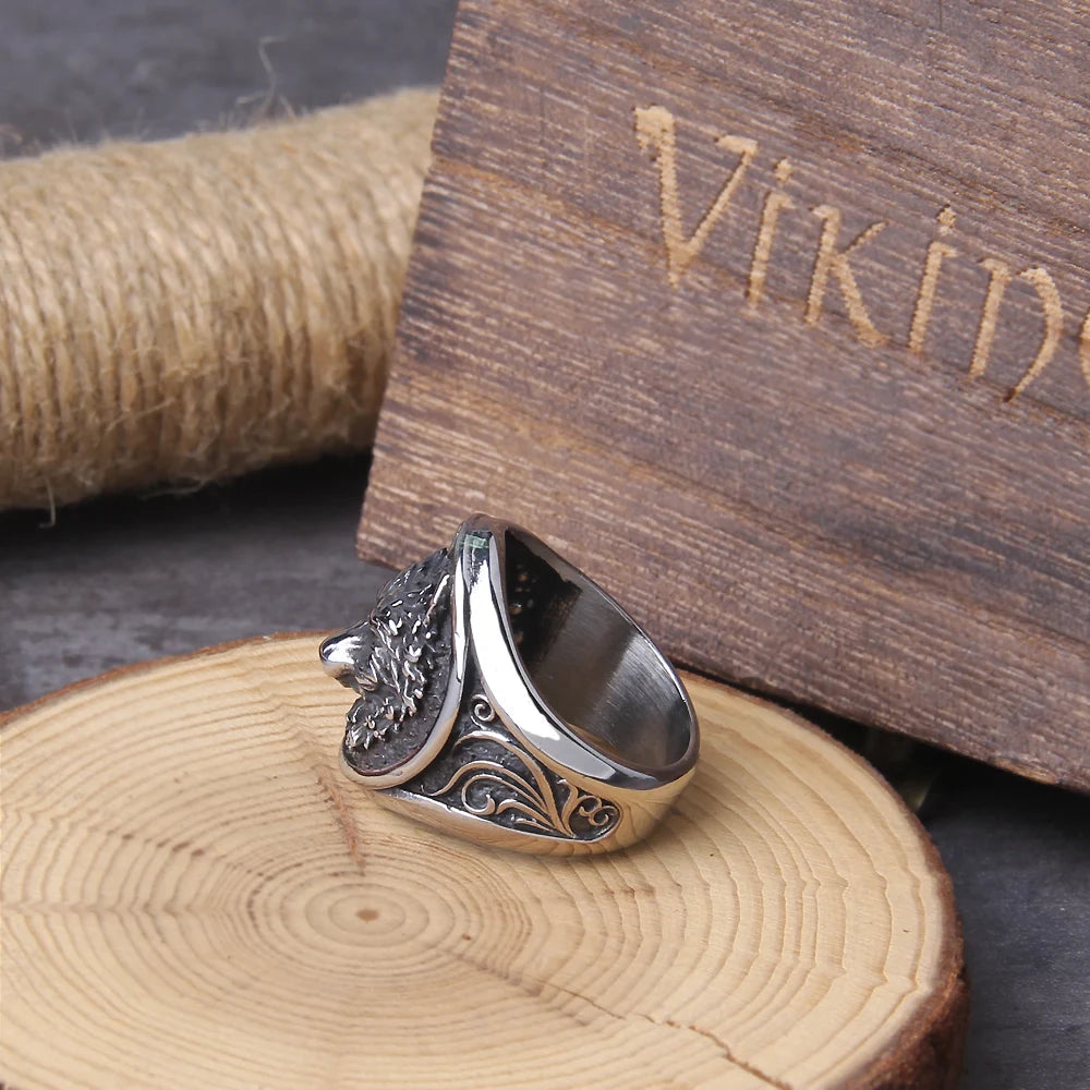 Vikings Jewelry Stainless Steel Viking Wolf ring never fade with wooden box as men gift