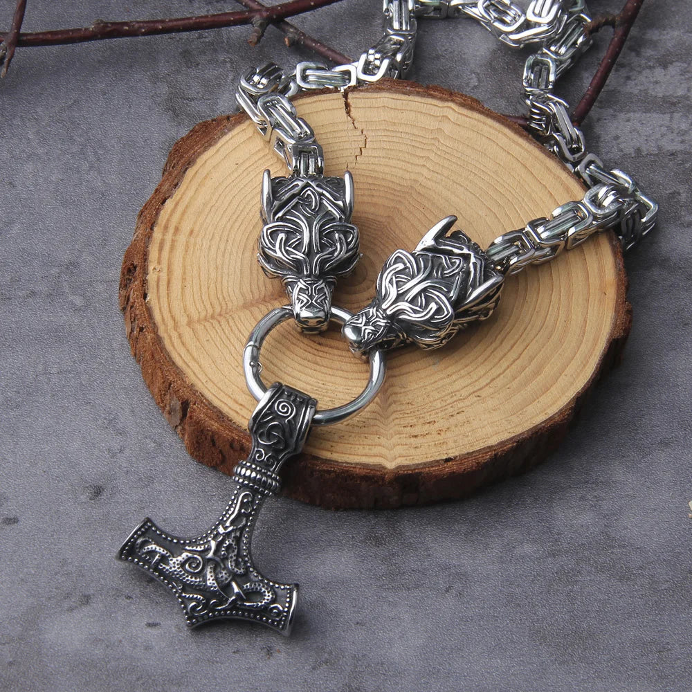 Never Fade viking men thor hammer with Open Mouth wolf head necklace and mjolnir with vikings wooden box as gift