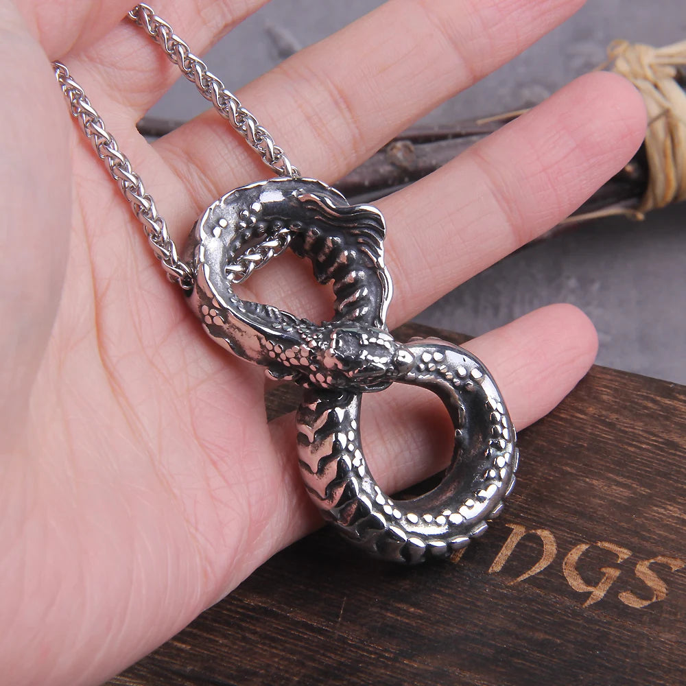 Never Fade Viking Ouroboros vintage punk necklace for men stainless steel fashion Jewelry hippop street culture with wooden box