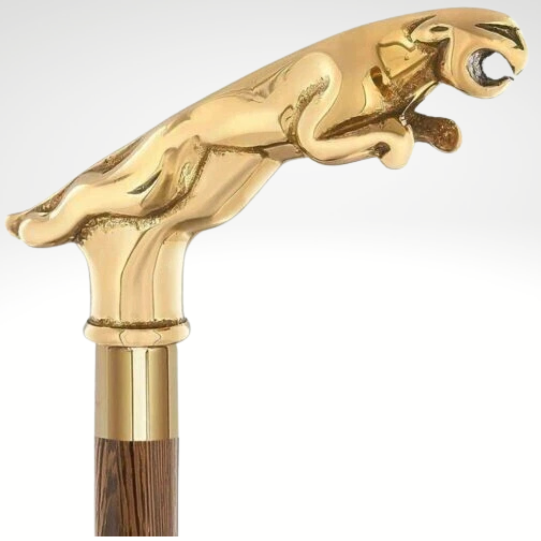 Vintage Jaguar Victorian Designer Antique Brass Handle Wooden Walking Stick Cane