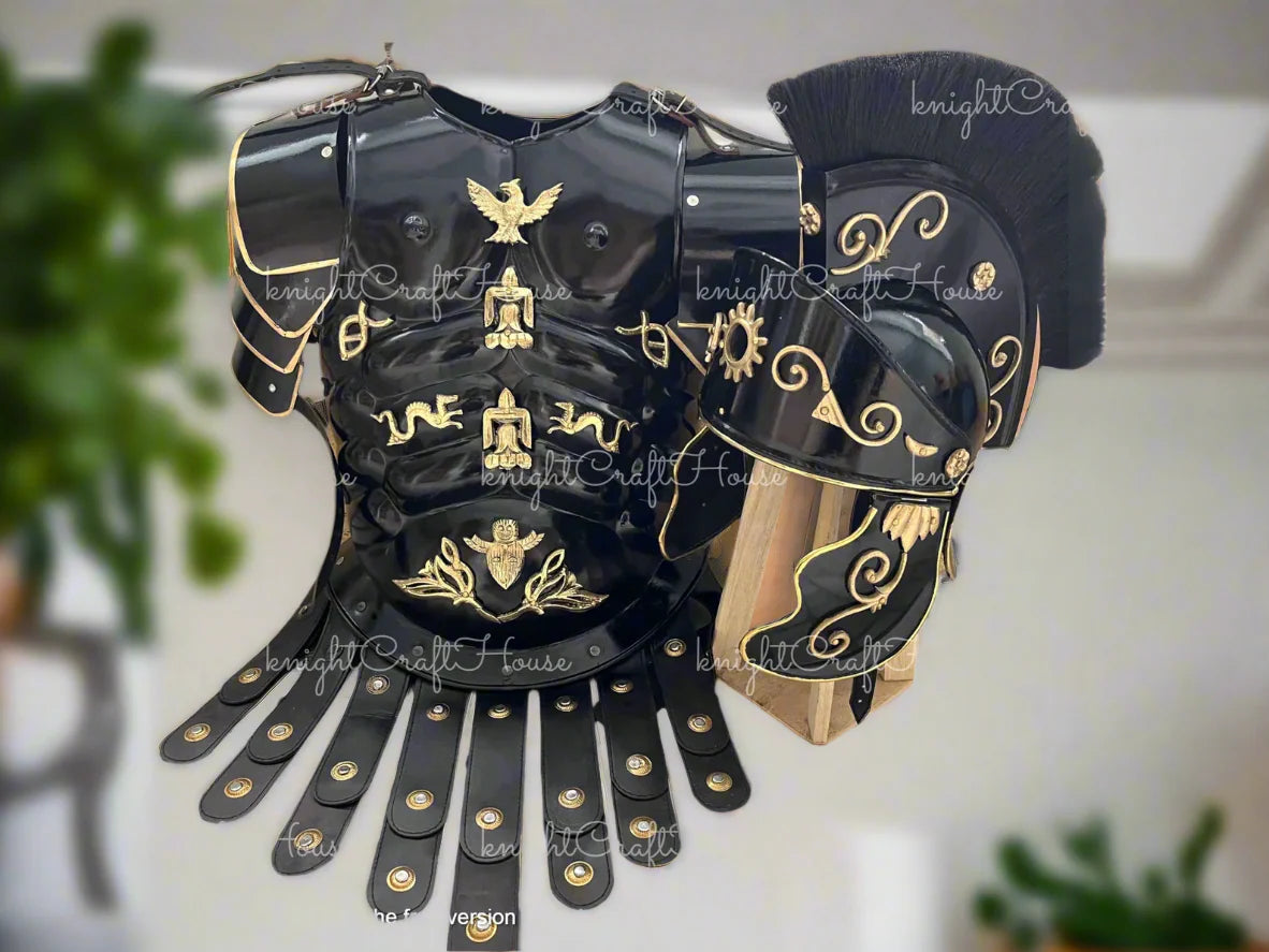 Roman Black Muscle Armor Set – Medieval Greek Gladiator Cuirass with Helmet & Pauldrons | Spartan 300, LARP, Cosplay, Halloween Costume