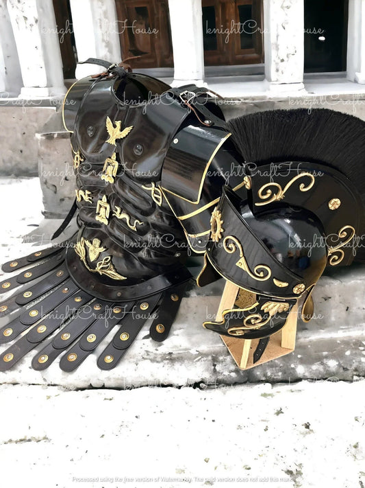 Roman Black Muscle Armor Set – Medieval Greek Gladiator Cuirass with Helmet & Pauldrons | Spartan 300, LARP, Cosplay, Halloween Costume