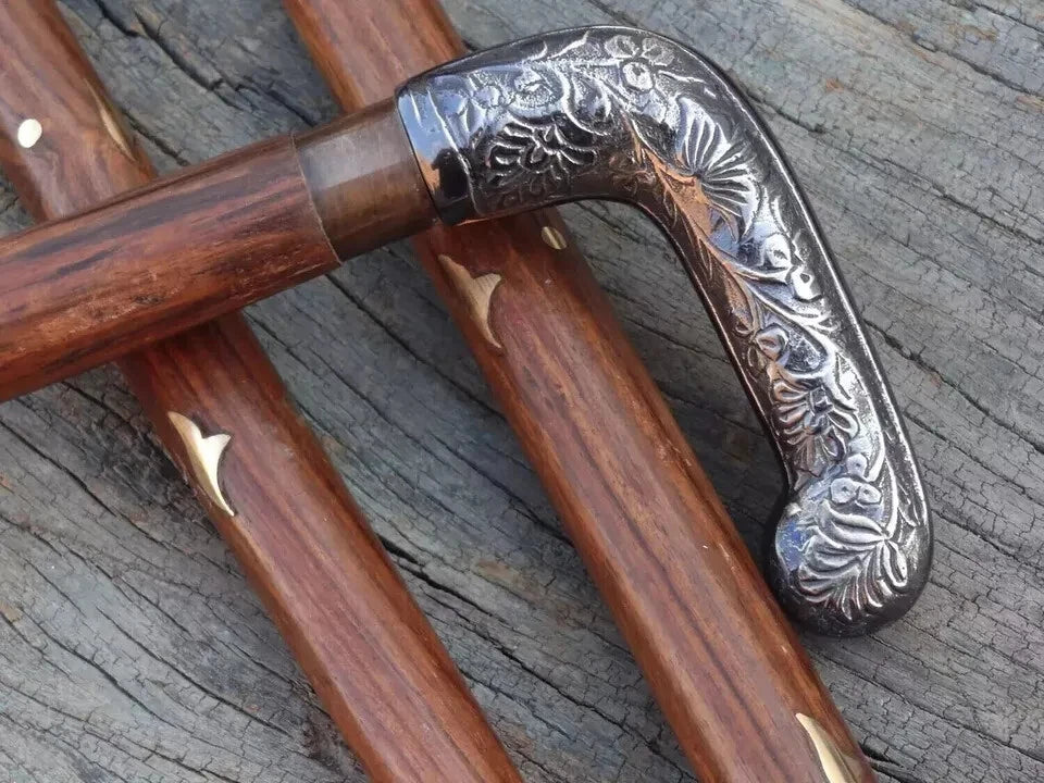 Antique Walking Stick Vintage Brass Handle Victorian Designer Shaft Cane Wooden