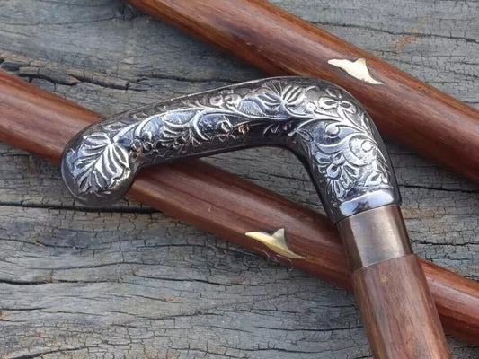 Antique Walking Stick Vintage Brass Handle Victorian Designer Shaft Cane Wooden