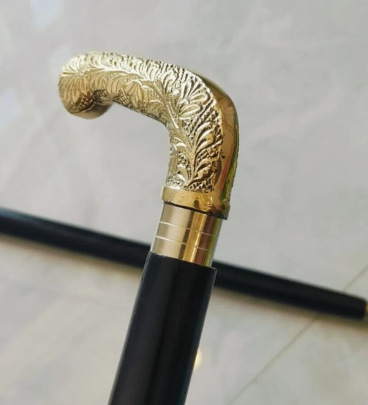 Walking Stick Vintage Brass Handle Victorian Designer Shaft Cane Wooden