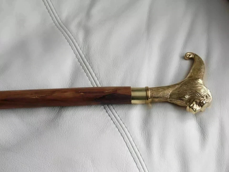 Vintage Brass Lion Head Handle Walking Stick Cane Antique Style Wood Men Gift