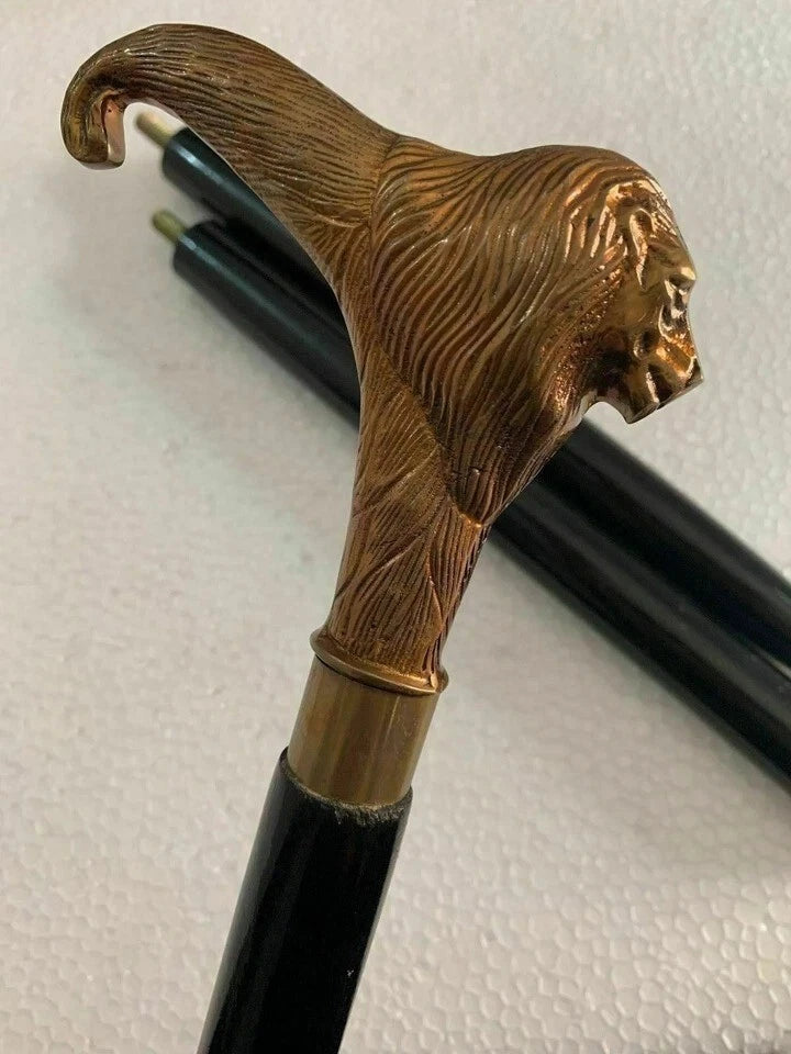 Lion Head Walking Stick – Solid Brass Handle & Black Wooden Cane – 36” King Styl