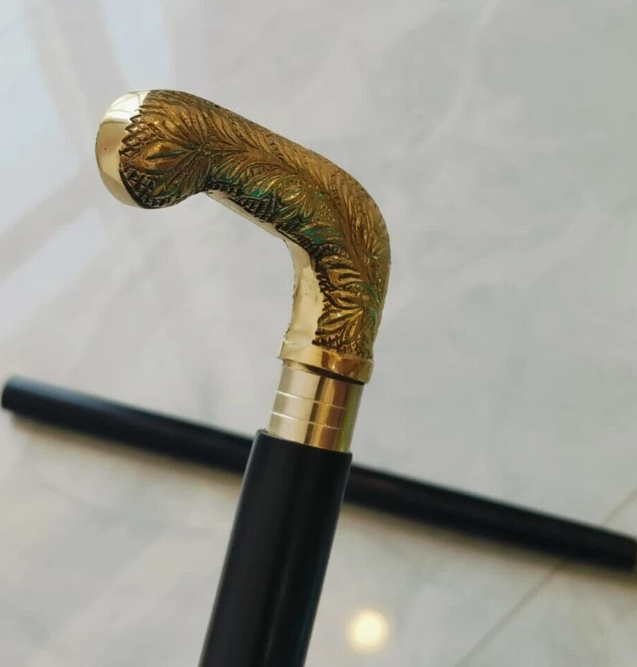 Walking Stick Vintage Brass Handle Victorian Designer Shaft Cane Wooden