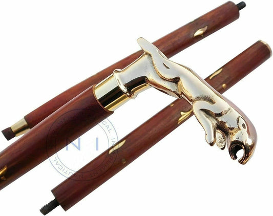 Designer Brass Jaguar Head Handle Walking Stick Antique Style Wooden Cane