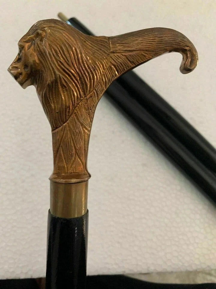 Lion Head Walking Stick – Solid Brass Handle & Black Wooden Cane – 36” King Styl