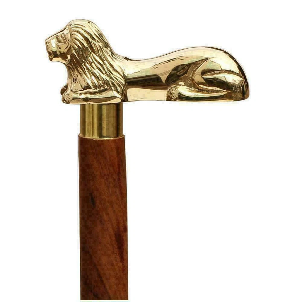 Antique Brass Lion Head Handle Designer Style Wooden Walking Stick Cane Gift
