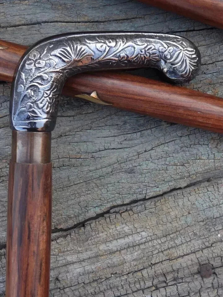 Antique Walking Stick Vintage Brass Handle Victorian Designer Shaft Cane Wooden