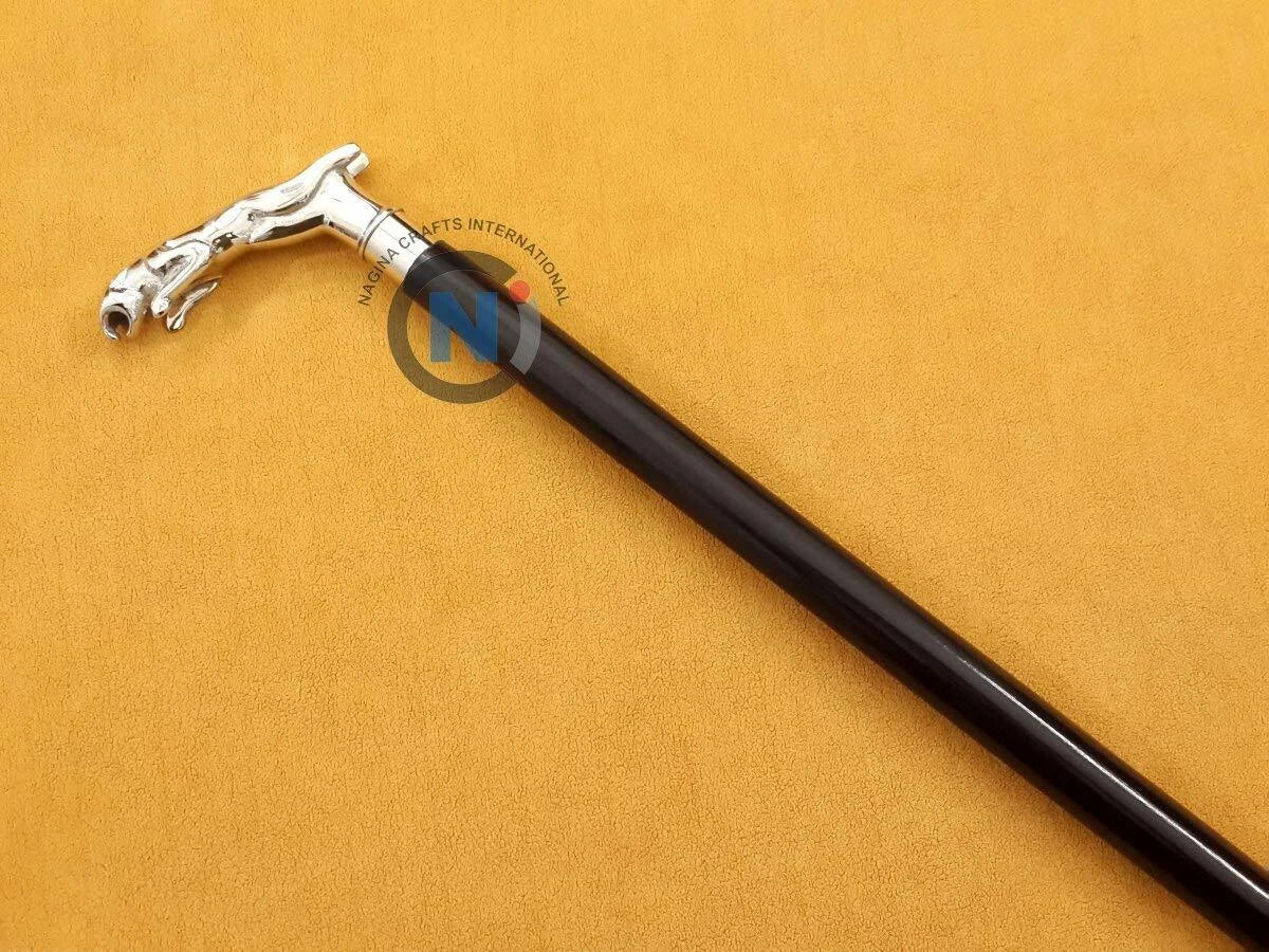 Vintage Brass Jaguar Head Handle Victorian Style Wooden Walking Stick Cane Gift
