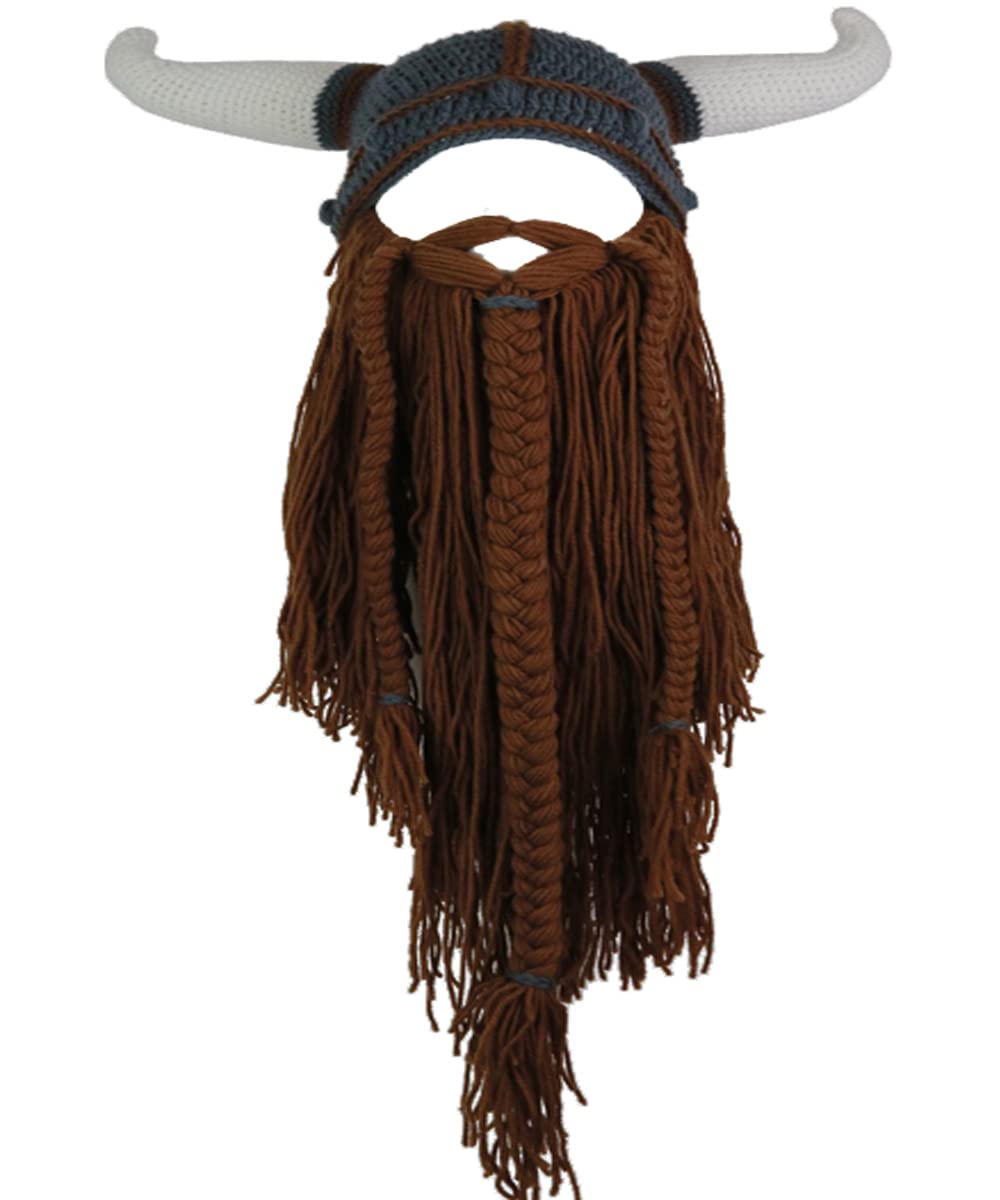 YEKEYI Big Horn Viking Hat Beanie Beard Viking Knit Hat Barbarian Funny Ski Cap Funny Halloween hat Christmas hat Yellow