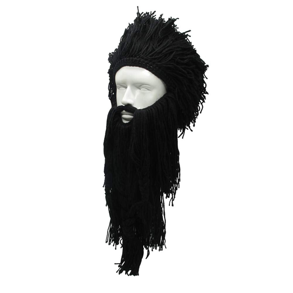 MerryJuly Men's Head Barbarian Vagabond Beanie Original Foldaway Beard Hats Viking Horns Bearded Caps One Size Viking Horns&brown Beard