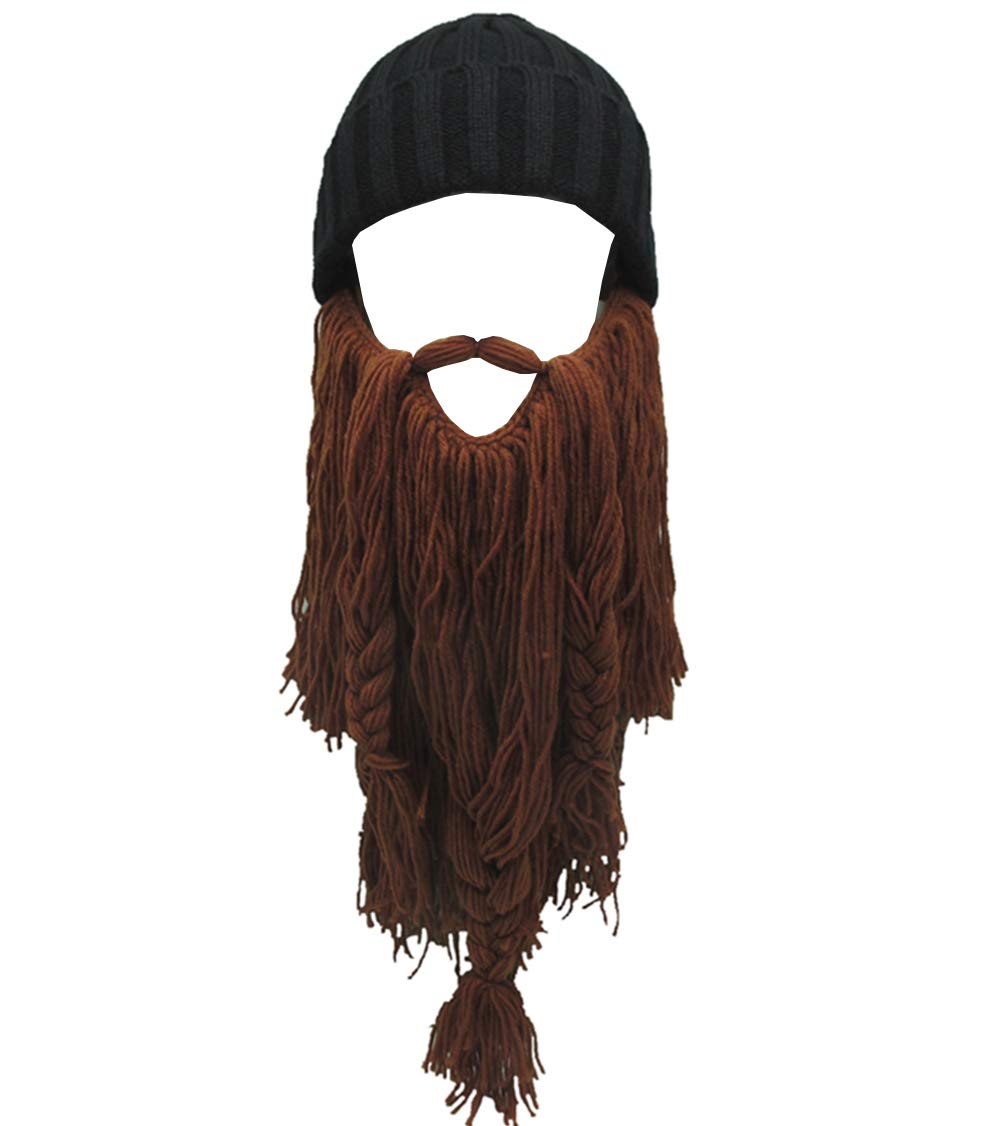 MerryJuly Men's Head Barbarian Vagabond Beanie Original Foldaway Beard Hats Viking Horns Bearded Caps One Size Viking Horns&brown Beard