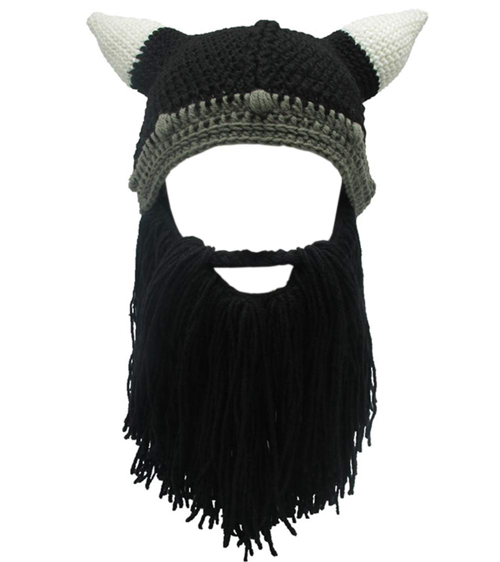 MerryJuly Men's Head Barbarian Vagabond Beanie Original Foldaway Beard Hats Viking Horns Bearded Caps One Size Viking Horns&brown Beard