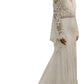 Long Belled Sleeve Woven Lace Wedding Dress in Ivory