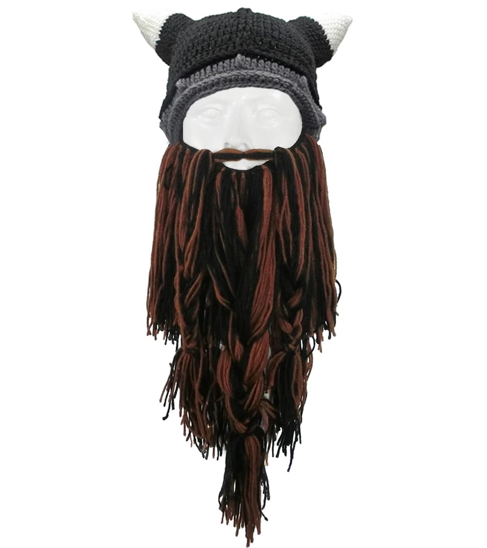 MerryJuly Men's Head Barbarian Vagabond Beanie Original Foldaway Beard Hats Viking Horns Bearded Caps One Size Viking Horns&brown Beard