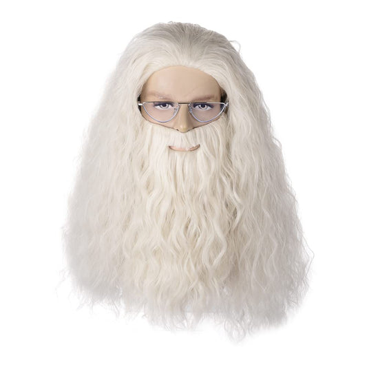 Fake Beard Wig | Qacf Long Curly Mens Wizard Mustache Wig Halloween Costume Cosplay Viking White Wig Glasses and Beard(White)