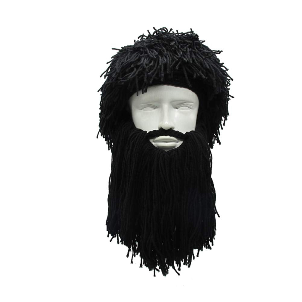 MerryJuly Men's Head Barbarian Vagabond Beanie Original Foldaway Beard Hats Viking Horns Bearded Caps One Size Viking Horns&brown Beard