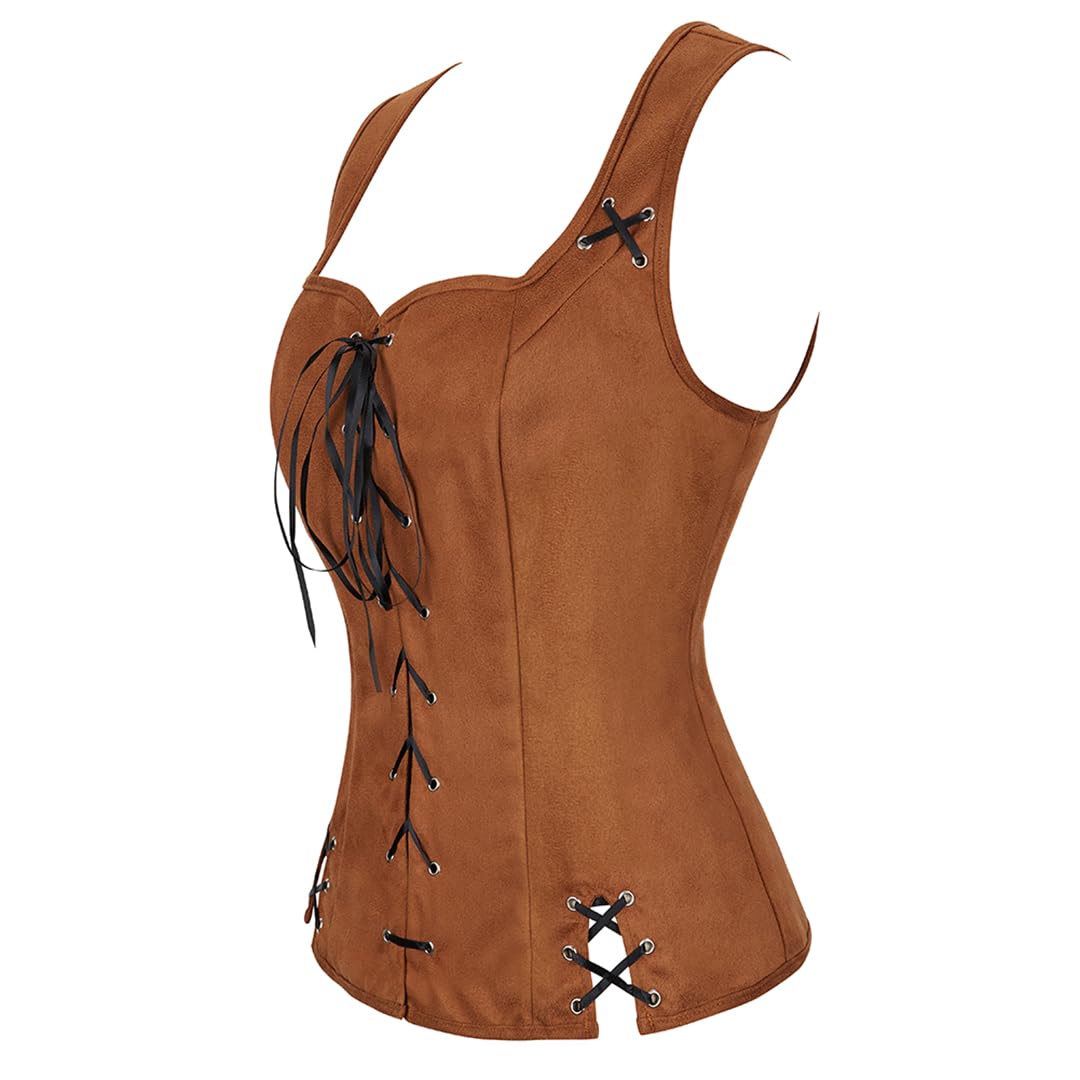 Kranchungel Women Pirate Renaissance Vest Costume Peasant Bodice Medieval Steampunk Pirate Vest Viking Cosplay Costumes Small Dark Brown