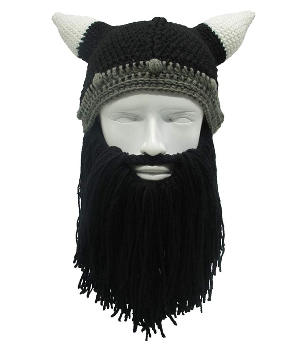 MerryJuly Men's Head Barbarian Vagabond Beanie Original Foldaway Beard Hats Viking Horns Bearded Caps One Size Viking Horns&brown Beard