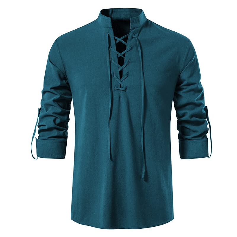 GRAJTCIN Long Sleeve Gothic Pirate Shirt Medieval Renaissance Halloween Costumes for Adult Steampunk Viking Costume for Men X-Large Teal