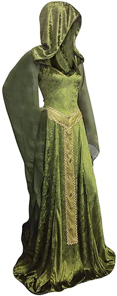 Mesodyn Women's Medieval Dress Lace-up Vintage Hooded Cloak Robe Adult Costume Retro Cosplay Long Dress Large Green
