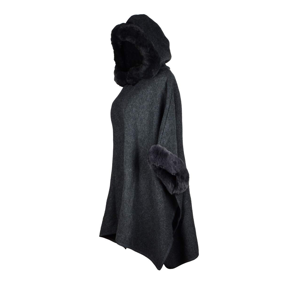 Fur-Lined Leather Closure Wool Half-Cloak with Hood