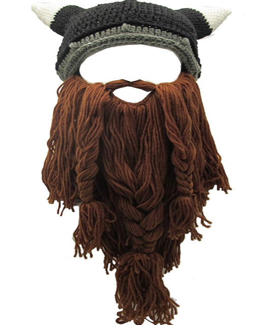 YEKEYI Viking Beard Beanie Horn Hat Winter Warm Mask Knitted Wool Funny Skull Cap One Size Horn Brown