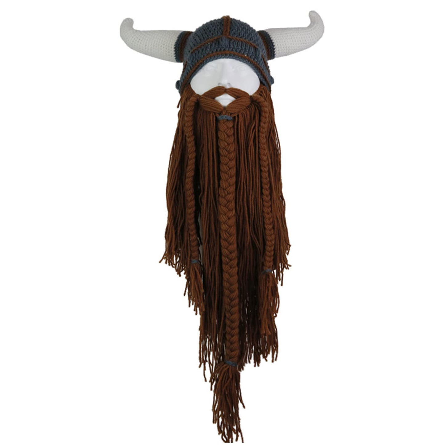 MerryJuly Men's Head Barbarian Vagabond Beanie Original Foldaway Beard Hats Viking Horns Bearded Caps One Size Viking Horns&brown Beard