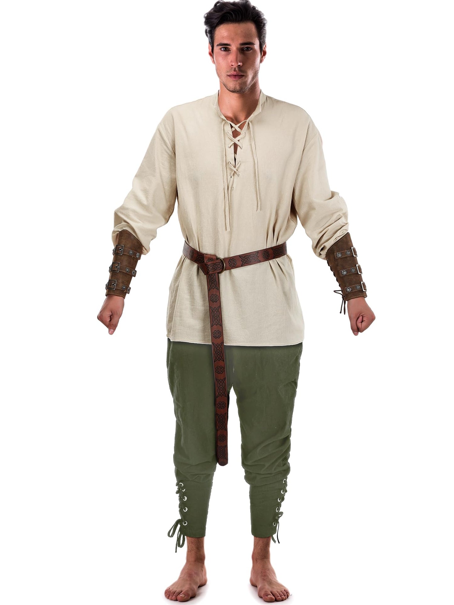 Jiuguva 4 Pcs Halloween Men's Renaissance Costume Set Medieval Pirate Shirt Ankle Banded Pants Viking Belt Accessories Stylish Color Medium
