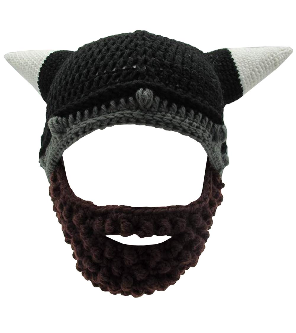 MerryJuly Men's Head Barbarian Vagabond Beanie Original Foldaway Beard Hats Viking Horns Bearded Caps One Size Viking Horns&brown Beard