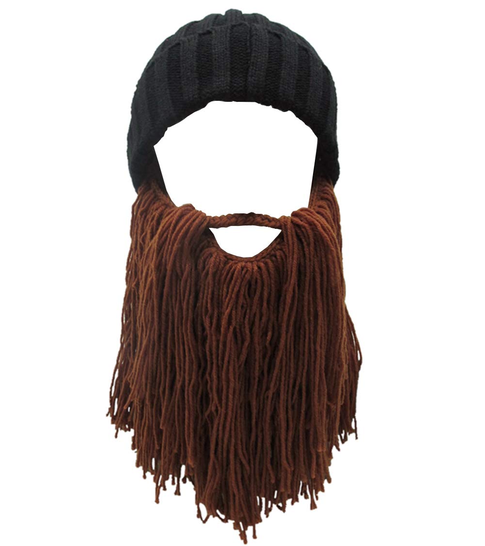 MerryJuly Men's Head Barbarian Vagabond Beanie Original Foldaway Beard Hats Viking Horns Bearded Caps One Size Viking Horns&brown Beard