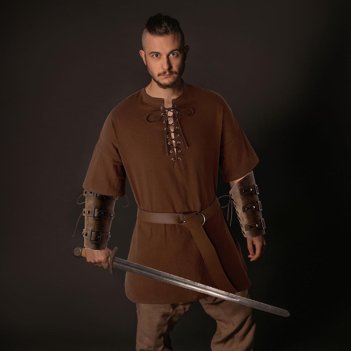 Jeyiour 3 Pcs Renaissance Costume Men Medieval Viking Tunic Knight Costume Faux Leather Arm Guards and Belt Viking Shirts Brown Medium
