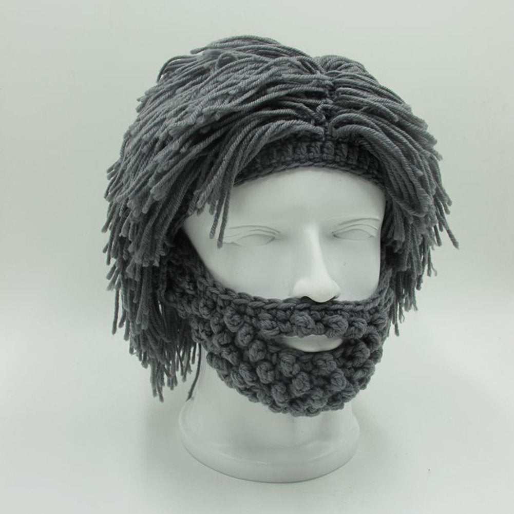 MerryJuly Men's Head Barbarian Vagabond Beanie Original Foldaway Beard Hats Viking Horns Bearded Caps One Size Viking Horns&brown Beard