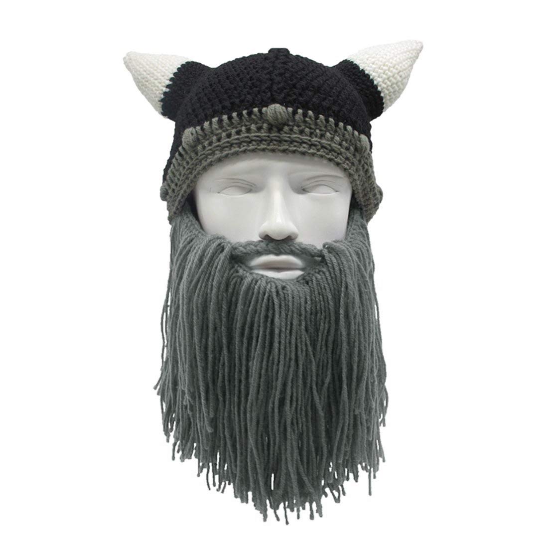 MerryJuly Men's Head Barbarian Vagabond Beanie Original Foldaway Beard Hats Viking Horns Bearded Caps One Size Viking Horns&brown Beard