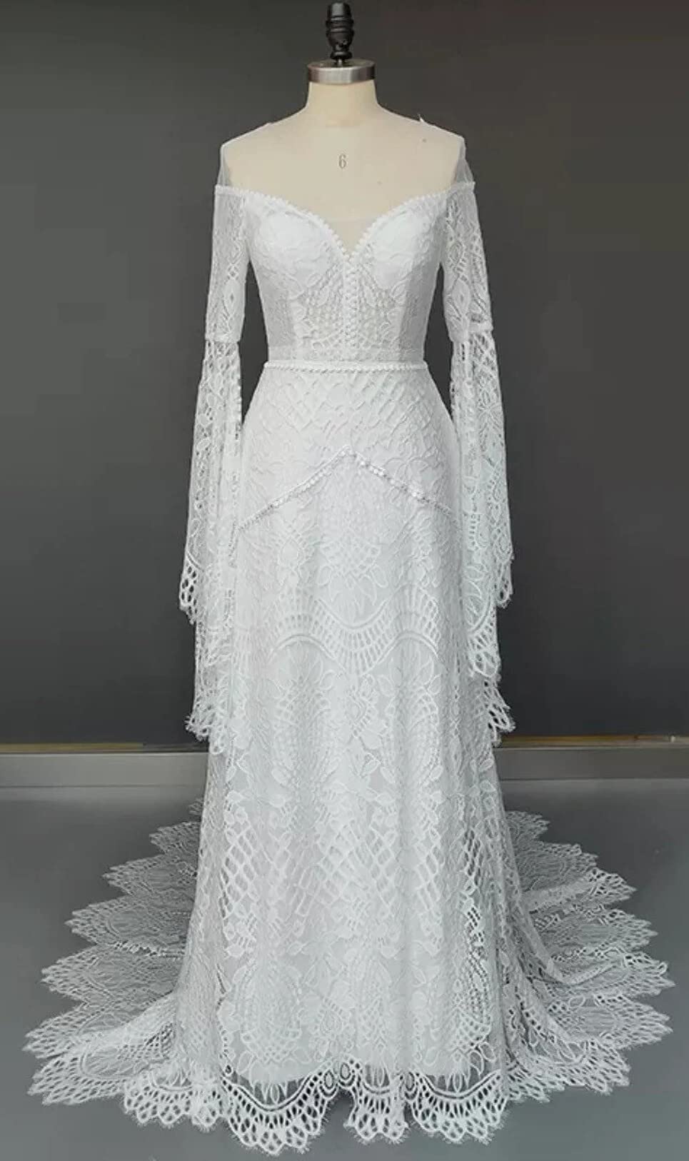 Long Belled Sleeve Woven Lace Wedding Dress in Ivory